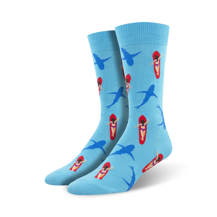 blue crew socks with pattern of women in red bikinis surfing, sharks with open mouths.   }}