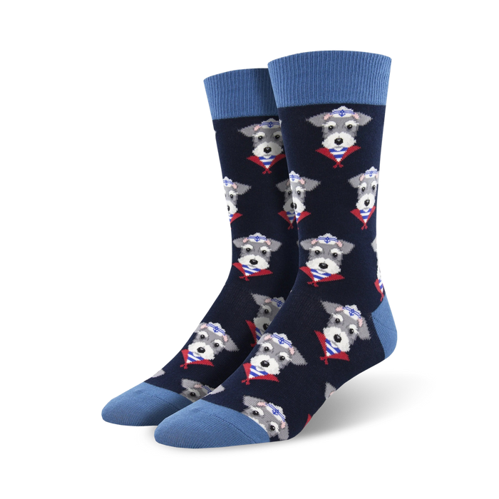 Pair of navy blue crew socks with a repeating pattern of gray schnauzers wearing sailor hats and red scarves. }}
