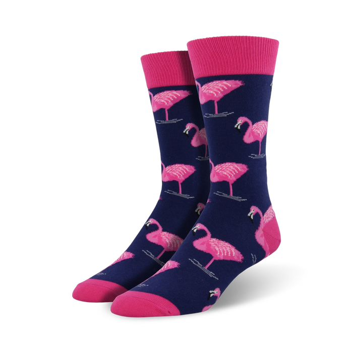 flamingo xl socks in dark blue with pattern of pink flamingos standing on 1 leg in light blue circles. men's crew socks.  }}