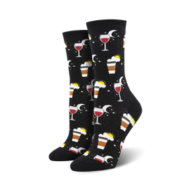 women's crew socks in black with colorful allover pattern of red wine glasses, coffee cups, suns, moons, and clouds  