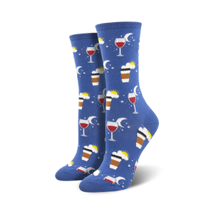Lifestyle shot of women's feet wearing blue 'All In A Day's Work' socks.