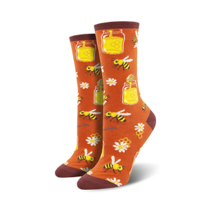 orange crew socks for women with bee, honey jar, and flower pattern.  
