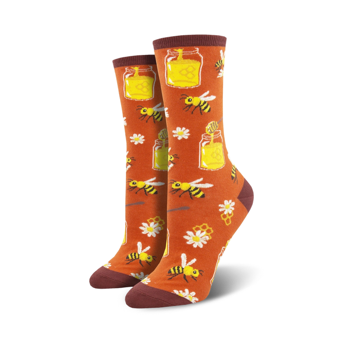 orange crew socks for women with bee, honey jar, and flower pattern.  