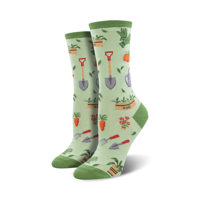 Lifestyle product shot showing the green Hoe Down socks on a model's feet.