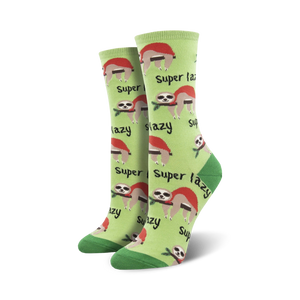 Pair of crew socks; light green background, adorable sloths, and the words 'Super Lazy' repeating.