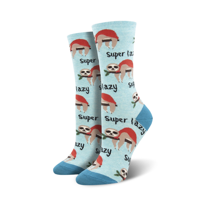 women's crew socks in blue featuring red-headed sloths wearing santa hats with 