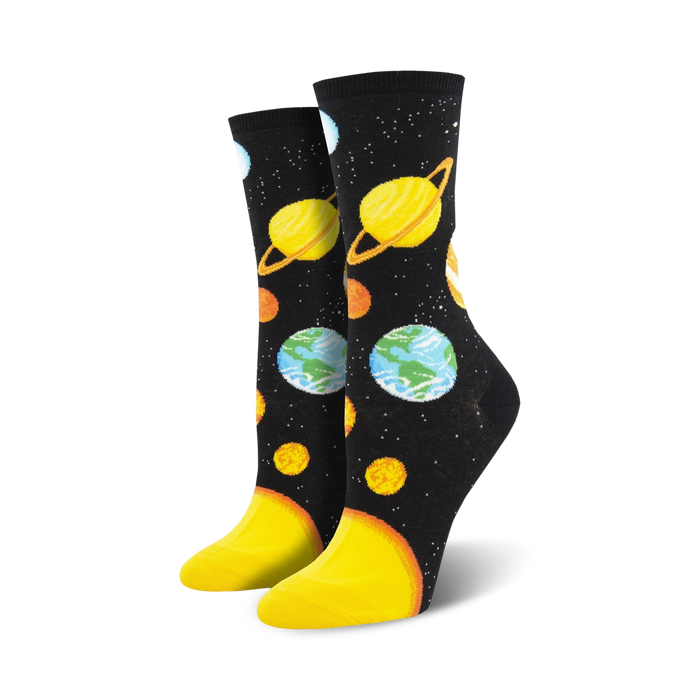 black crew socks with glittering planets, moons and stars for women    }}