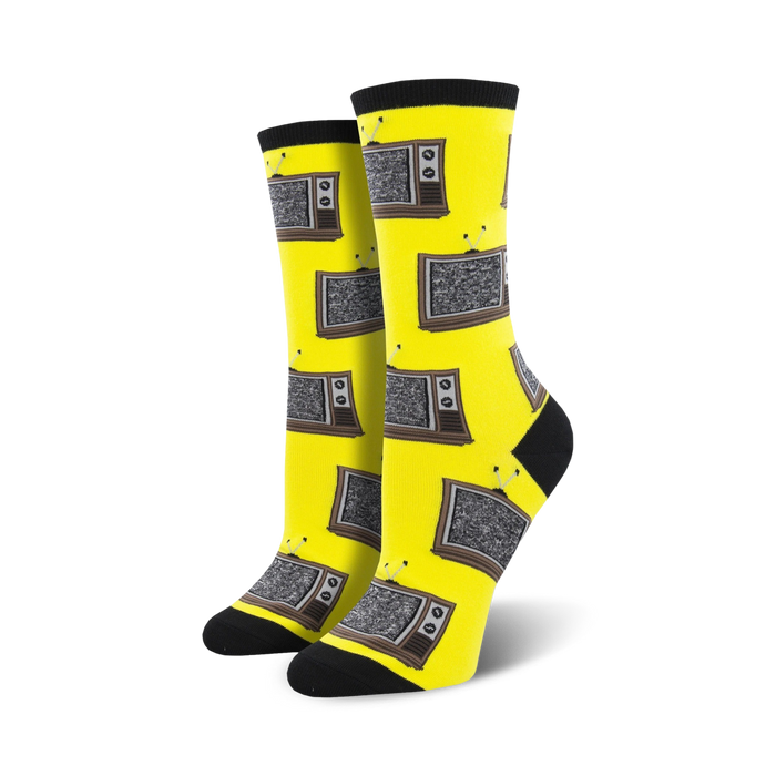 yellow crew socks for women featuring a pattern of retro televisions in gray, black, and white.   