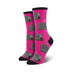 retro tv show themed women's crew socks feature pink with black and gray televisions.   