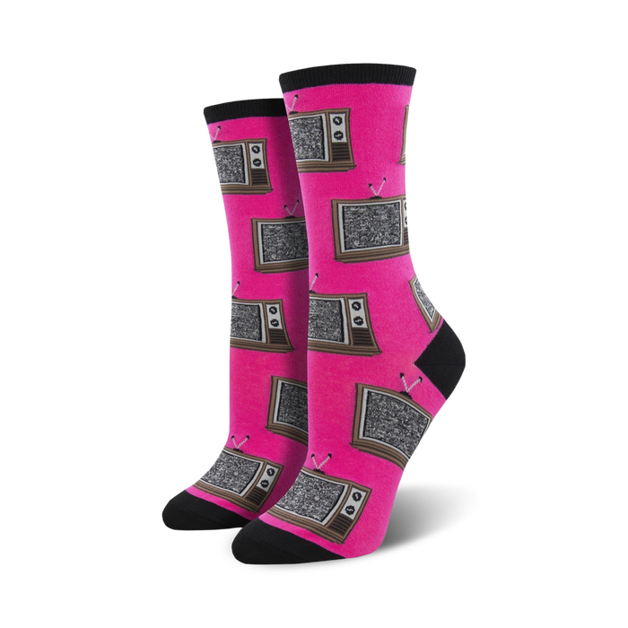 retro tv show themed women's crew socks feature pink with black and gray televisions.   