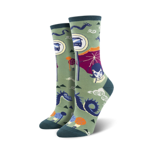 A close-up of the same 'Bus Stop' socks, but this time on a green background. The design elements are identical.
