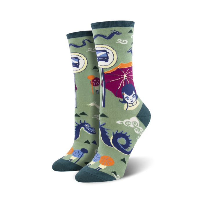 A close-up of the same 'Bus Stop' socks, but this time on a green background. The design elements are identical.