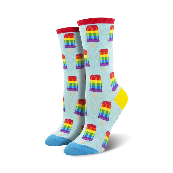 vibrant rainbow popsicle print crew socks in blue representing lgbtq pride. women's sizes. machine washable. soft and durable.   