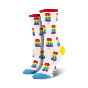 crew length socks designed for women feature popsicles in a repeating pattern. multicolored popsicles with red on top and yellow on bottom. lgbtqia theme.  