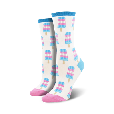 Pair of crew socks with a white background and repeating pattern of light blue, pink, and white popsicles. Pink and light blue accents at the cuffs and toes.
