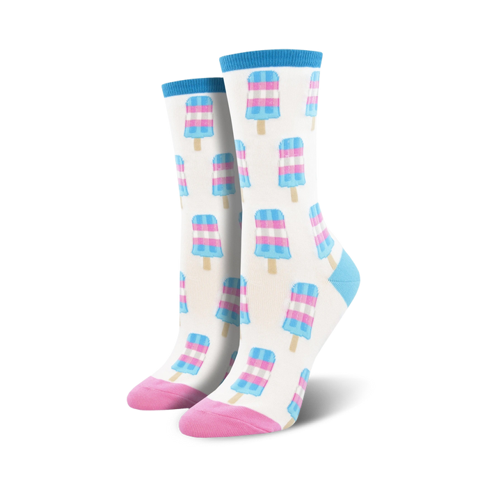 pink, blue, and white popsicle print crew socks with pink toes and heels, blue cuffs. lgbtqia pride theme.   }}