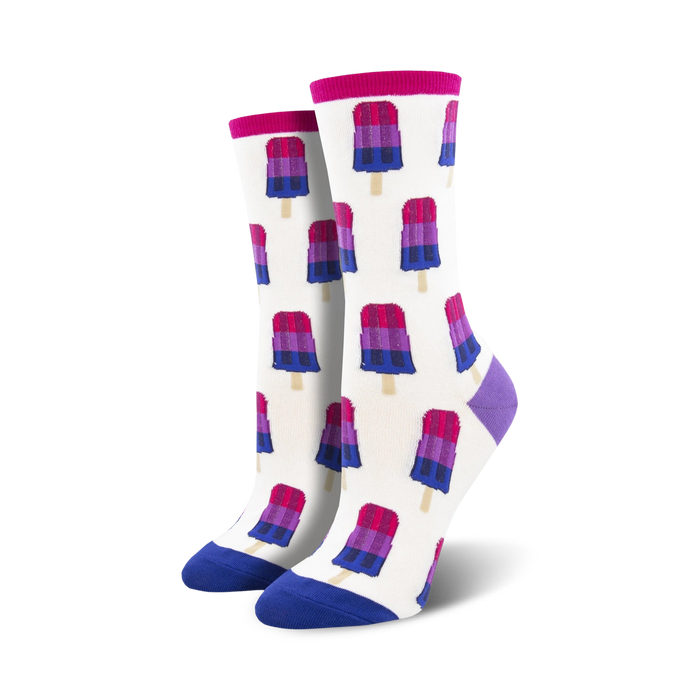 womens bisexual pops crew socks. lgbtqia crew socks with popsicle pattern in blue, purple, and pink.   }}