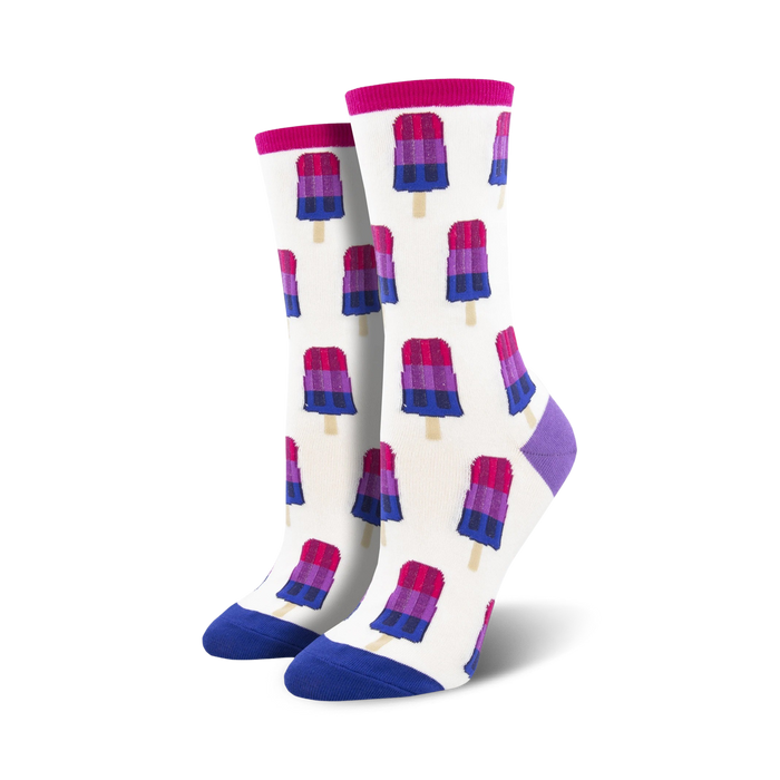 Pair of cream crew socks with a repeating pattern of bisexual pride flag popsicles. Popsicles are pink, purple, and dark blue. }}