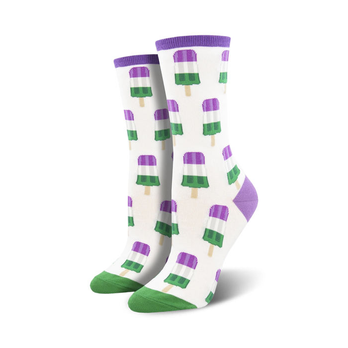 Pair of crew socks with a white background and repeating pattern of genderqueer flag popsicles in purple, green, and white. }}