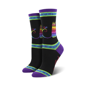 Crew socks featuring a rainbow cat design on a black background.  Purple, teal, and lime green accents.