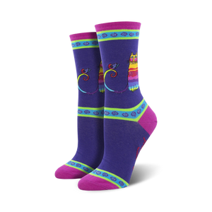 Lifestyle shot showing the purple Laurel Burch Rainbow Cat socks on a model's feet.