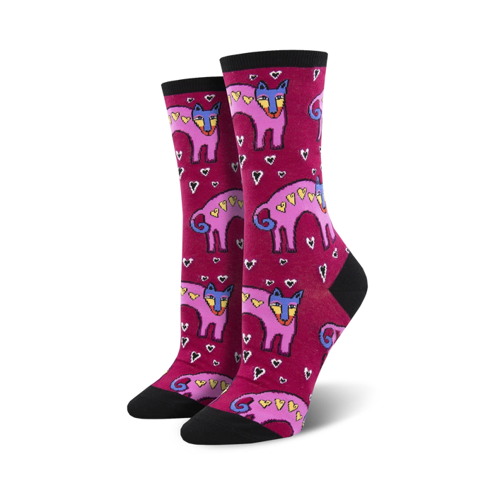 A pair of women's crew socks in burgundy with a pattern of pink dogs with hearts and small white hearts. }}