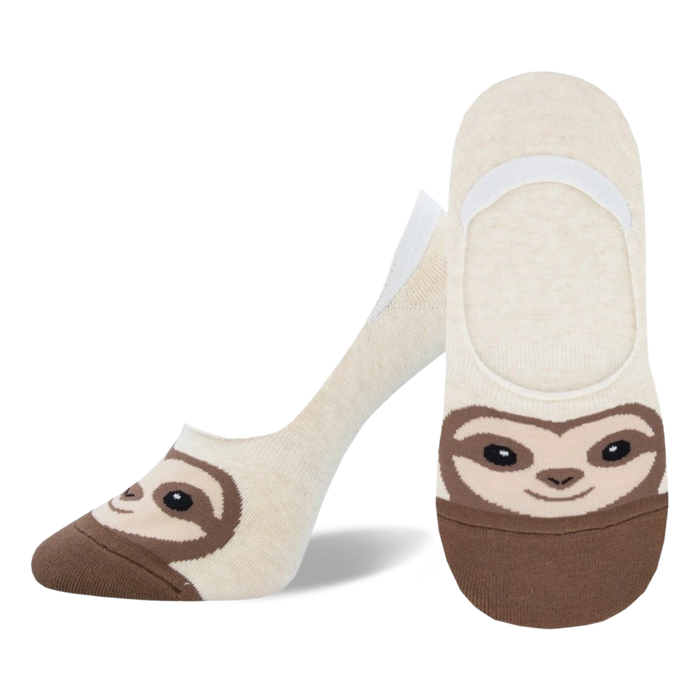 Pair of beige no-show socks with a brown sloth face design. The sloth has cute, simple features. }}