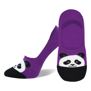 Pair of purple and black panda no-show socks.  Features a cute panda face design on the toes.