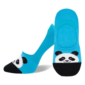 blue liner socks with cartoon panda design, featuring black heel and toe.   