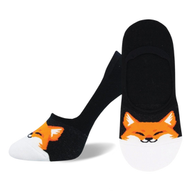 black liner socks with white toes and heels feature a cute cartoon fox face on each sock. 