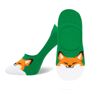 green womens fox socks with white toe and heel. cartoon fox face with closed-eye smile and two large, pointy ears.  