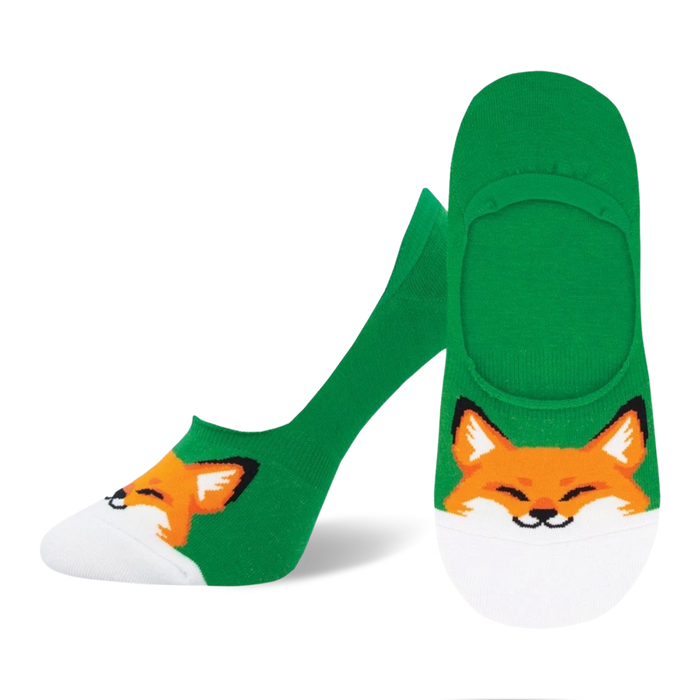 green womens fox socks with white toe and heel. cartoon fox face with closed-eye smile and two large, pointy ears.  