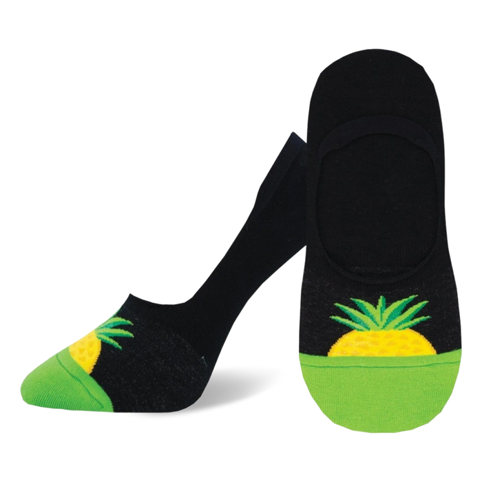black pineapple pattern liner socks with a green sole.   }}