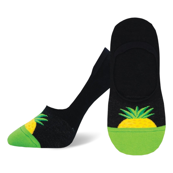 A pair of black and lime green no-show socks with a yellow pineapple design on the heel. The socks are low-cut and comfortable. }}