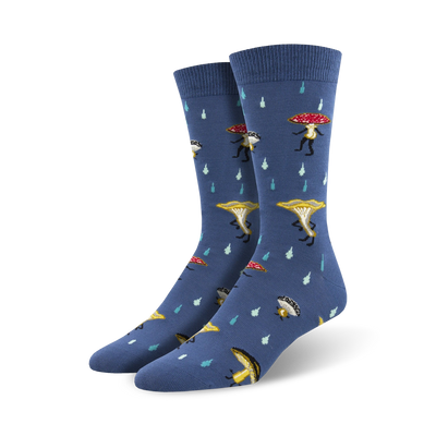Pair of crew socks in blue featuring dancing mushroom illustrations and rain drop details. Made from bamboo.
