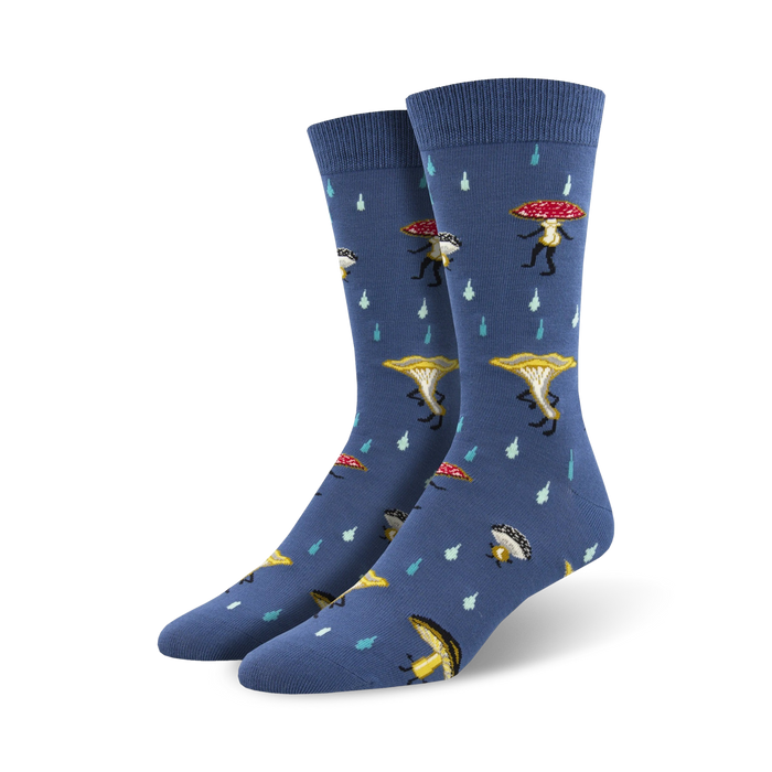blue crew socks for men adorned with a vibrant pattern of red, yellow, and brown mushrooms.   }}