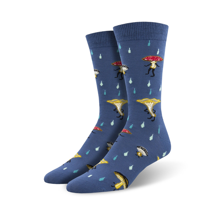 Pair of crew socks in blue featuring dancing mushroom illustrations and rain drop details. Made from bamboo. }}