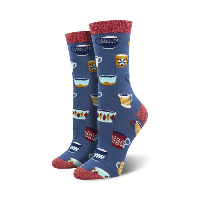 blue bamboo socks with white, light blue, yellow, and red coffee mug pattern. women's crew length.   }}