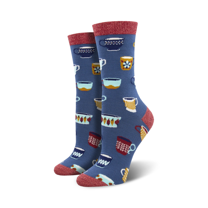 Pair of crew socks in blue with a pattern of colorful mugs. Red and gold accents. Soft bamboo material. }}