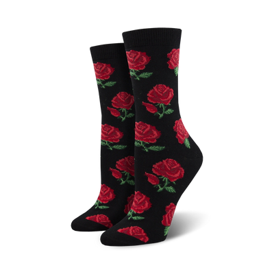 Pair of black crew socks with a repeating pattern of red roses and green stems. Made from soft bamboo.