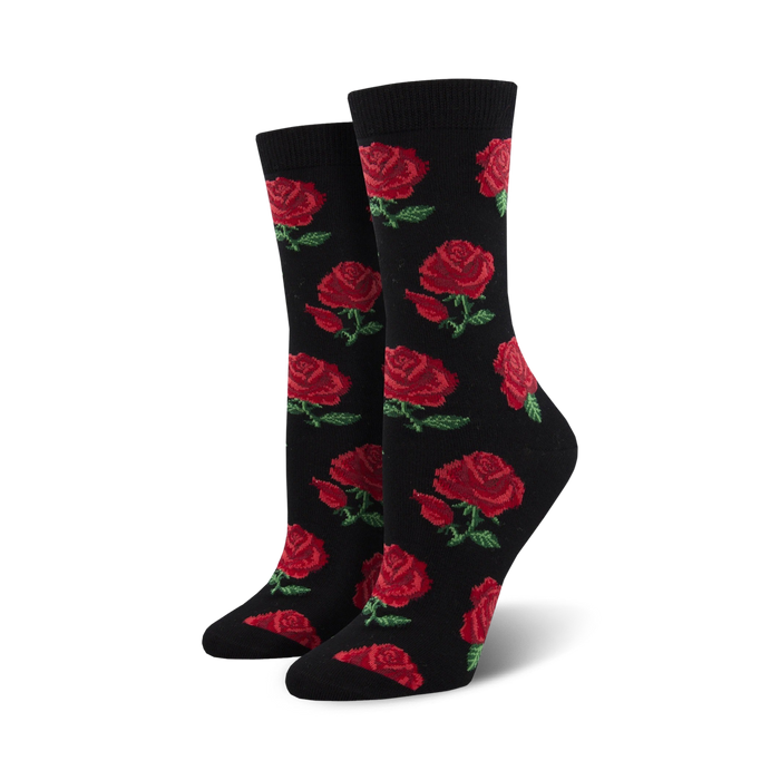 Pair of black crew socks with a repeating pattern of red roses and green stems. Made from soft bamboo. }}