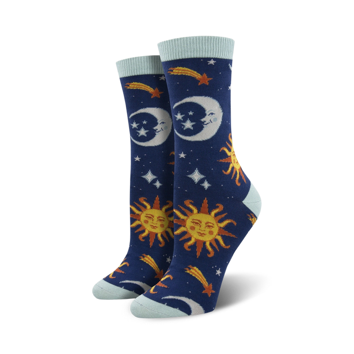 pair of women's crew length socks with celestial pattern and bamboo construction.   }}