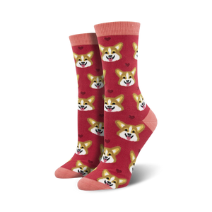 Pair of crew socks; red with corgi faces and small hearts;  bamboo material.
