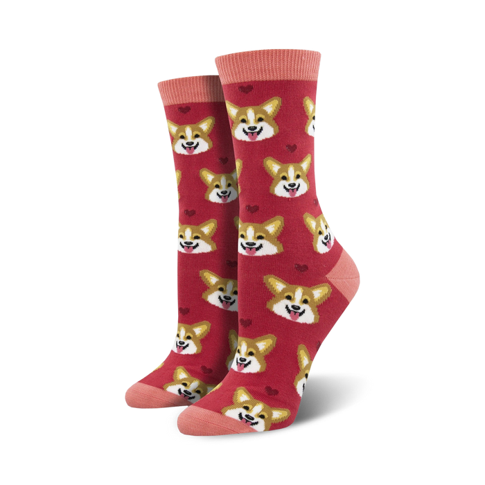 Pair of crew socks; red with corgi faces and small hearts;  bamboo material.