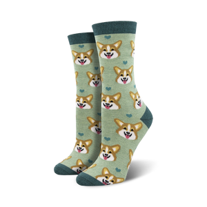 light sage green crew socks with cartoon corgi faces and red hearts. made for women from soft bamboo.    