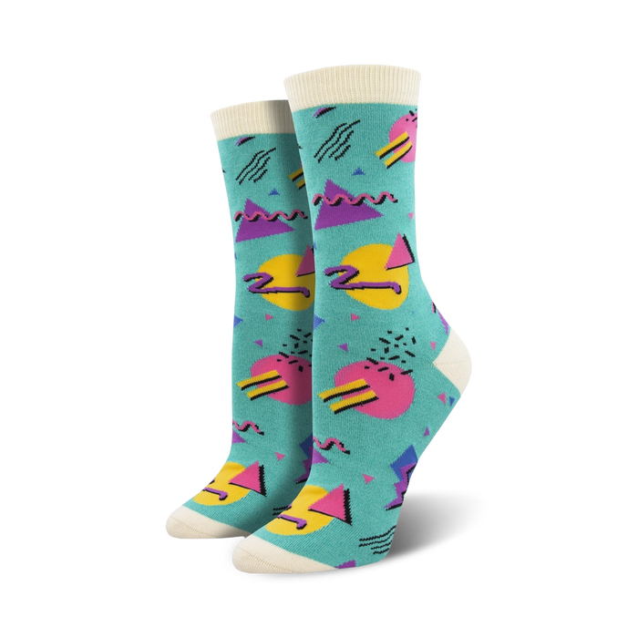 womens 90's vibes bamboo crew socks with colorful geometric shapes in bright pink, blue, yellow and purple.   }}