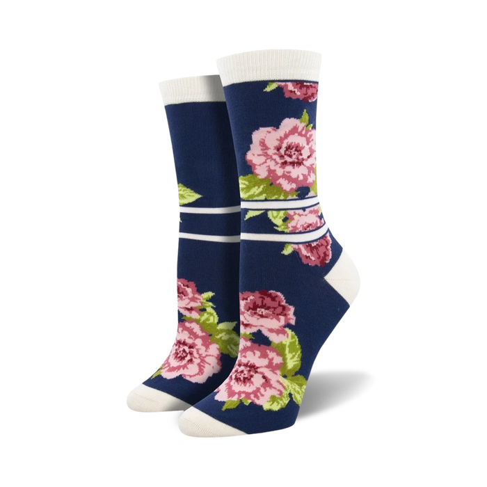 A pair of women's crew socks in navy blue, featuring a pink peony floral print and white stripes. Soft and comfortable bamboo material. }}