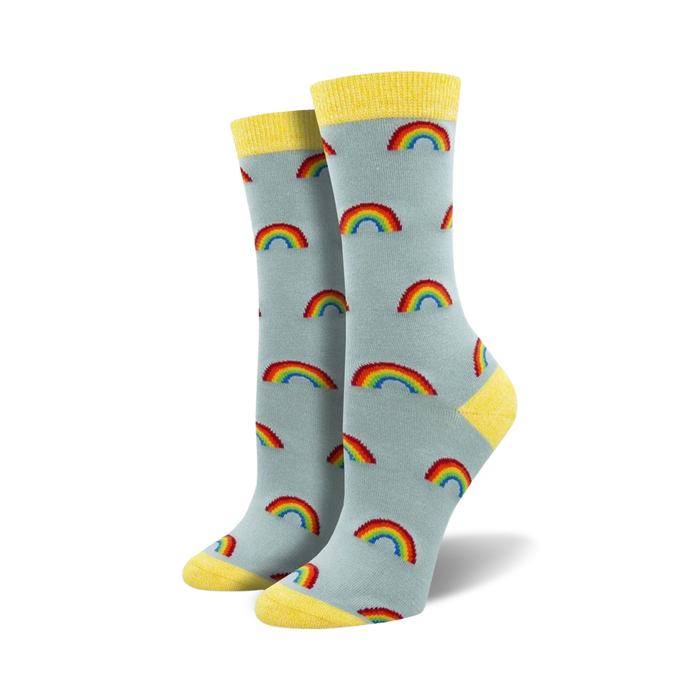 rainbow pattern socks with light blue background and yellow cuff are made from naturally soft, moisture-wicking bamboo.    }}