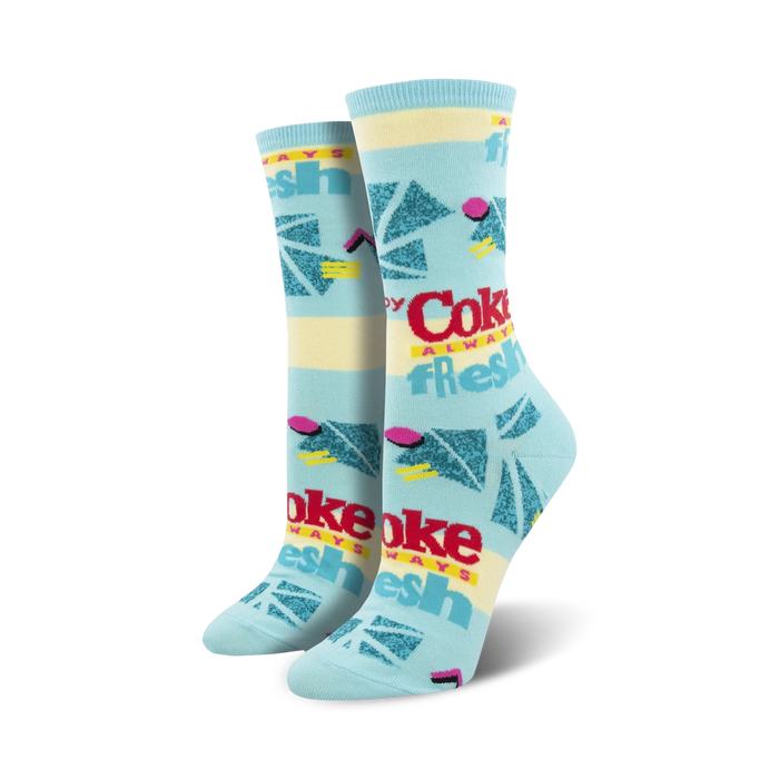 womens blue crew socks with red, yellow, and white geometric coke shapes.   }}