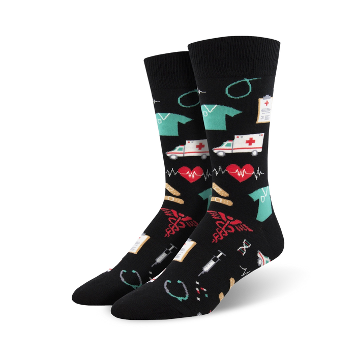 black crew socks with medical-related images, including hearts, ekgs, pills, bandages, and syringes, designed for men.    }}